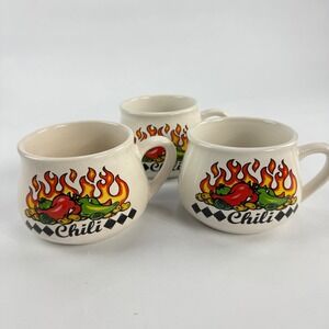 Houston Harvest Chili Mugs Set of 3 Ceramic Soup Crocks‎ Red Green Pepper Flame